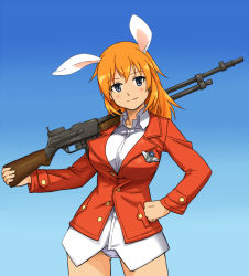Rule 34 | 1girl, animal ears, blue eyes, blush, breasts, browning automatic rifle, charlotte e. yeager, formal, gun, hand on own hip, hip focus, large breasts, long hair, machine gun, military, military uniform, orange hair, panties, rabbit ears, rabbit girl, shibasaki shouji, smile, solo, strike witches, underwear, uniform, weapon, world witches series