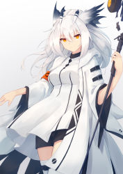 Rule 34 | 1girl, arknights, armband, black shorts, commentary, cowboy shot, dress, feather hair, highres, holding, holding staff, holding weapon, long hair, looking at viewer, orange eyes, owl ears, ptilopsis (arknights), ptilopsis (elite ii) (arknights), shorts, smile, solo, staff, standing, thighhighs, trimbil, weapon, white dress, white hair, white thighhighs