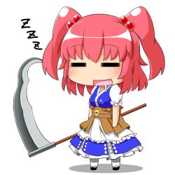 Rule 34 | 1girl, :d, = =, blush, breasts, chibi, dress, drooling, full body, hair bobbles, hair ornament, hinotama (hinotama422), holding, holding scythe, holding weapon, medium breasts, obi, onozuka komachi, open mouth, pink hair, puffy short sleeves, puffy sleeves, saliva, sash, scythe, short sleeves, simple background, sleeping, sleeping upright, smile, solo, standing, touhou, two side up, weapon, white background, zzz
