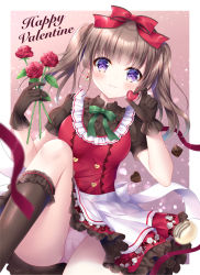 Rule 34 | 1girl, apron, black gloves, black shirt, black socks, bow, breasts, brown hair, closed mouth, collared shirt, commentary request, dress, earrings, feet out of frame, flower, frilled dress, frilled socks, frills, gloves, green bow, hair bow, hands up, happy valentine, heart, highres, holding, holding flower, holding heart, jewelry, knee up, kohinata hoshimi, long hair, looking at viewer, medium breasts, original, panties, pink panties, puffy short sleeves, puffy sleeves, purple eyes, red bow, red dress, red flower, red rose, rose, shirt, short sleeves, sitting, sleeveless, sleeveless dress, smile, socks, solo, twintails, underwear, valentine, white apron