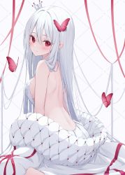Rule 34 | backless dress, backless outfit, blush, breasts, bug, butterfly, cloak, crown, dress, highres, insect, long hair, looking at viewer, medium breasts, mini crown, original, red eyes, sideboob, taracomax, white cloak, white dress, white hair