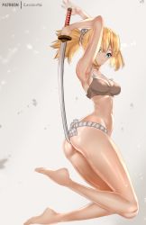 Rule 34 | 1girl, absurdres, armpits, arms up, artist name, ass, bare shoulders, barefoot, blonde hair, blue eyes, blurry, bra, breasts, closed mouth, commentary, commentary request, depth of field, dr. stone, english commentary, fundoshi, hair ornament, highres, holding, holding sword, holding weapon, japanese clothes, katana, kohaku (dr. stone), legs, long hair, looking at viewer, looking back, medium breasts, navel, ponytail, rope, sidelocks, simple background, smile, solo, sword, thighs, underwear, weapon, white background, zasshu
