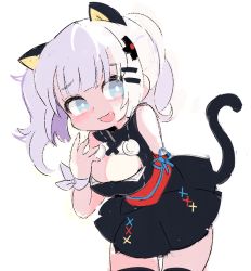Rule 34 | 1girl, animal ears, arm behind back, bad id, bad pixiv id, bare shoulders, black thighhighs, blue eyes, blunt bangs, blush, breasts, cat ears, cat tail, cleavage, cleavage cutout, clothing cutout, commentary, cowboy shot, d-pad, d-pad hair ornament, dress, fake animal ears, fang, hair ornament, hairclip, hand up, japanese clothes, kaguya luna, kimono, large breasts, leaning forward, long hair, looking to the side, obi, pleated dress, red sash, sash, seu 9 (banya), sidelocks, simple background, sleeveless, sleeveless kimono, smug, solo, standing, tail, the moon studio, thighhighs, twintails, virtual youtuber, white background, white hair, wrist bow