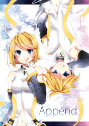 Rule 34 | 1boy, 1girl, :q, absurdres, arm warmers, bad id, bad pixiv id, blonde hair, blue eyes, brother and sister, detached sleeves, hair ornament, hair ribbon, hairclip, headphones, highres, kagamine len, kagamine len (append), kagamine rin, kagamine rin (append), muni, navel, ribbon, short hair, siblings, smile, tongue, tongue out, twins, vocaloid, vocaloid append