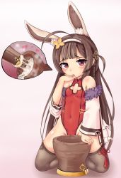 Rule 34 | 1girl, absurdres, ahoge, animal ears, azur lane, bad id, bad pixiv id, blush, braid, breasts, brown hair, brown thighhighs, commentary request, covered navel, finger to mouth, fingernails, food, fur-trimmed jacket, fur trim, greentree, groin, hairband, heart, highres, jacket, kine, kneeling, leotard, long hair, looking at viewer, mallet, mortar (bowl), navel, off shoulder, parted lips, ping hai (azur lane), ping hai (osmanthus moon rabbit) (azur lane), rabbit ears, red eyes, red leotard, small breasts, solo, suggestive fluid, thighhighs, very long hair, white hairband, white jacket