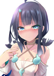 Rule 34 | 1girl, ahoge, bare shoulders, black hair, blue eyes, blue ribbon, blush, breasts, collarbone, dress, fate/grand order, fate/requiem, fate (series), highres, jewelry, long sleeves, looking at viewer, magatama, magatama hair ornament, magatama necklace, medium breasts, medium hair, multicolored hair, necklace, pink hair, puffy long sleeves, puffy sleeves, ribbon, sen (astronomy), sideboob, sideless outfit, sidelocks, solo, streaked hair, utsumi erice, white dress