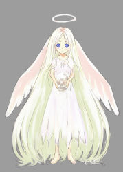Rule 34 | 1girl, absurdly long hair, angel wings, barefoot, blonde hair, blue eyes, blush, closed mouth, commentary request, dress, expressionless, full body, grey background, halo, holding, holding skull, kawagoe pochi, long hair, looking at viewer, mistress of shelter, ragnarok online, simple background, skull, solo, very long hair, white dress, wings
