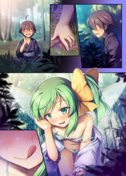 Rule 34 | !?, 1girl, ass, blue skirt, blue vest, blush, bow, bow bra, bow panties, bra, breasts, brown footwear, buttons, chima q, collarbone, commission, daiyousei, eighth note, fairy, fairy wings, frilled sleeves, frills, gluteal fold, green bra, green eyes, green hair, green panties, groin, highres, long hair, musical note, one side up, open clothes, open shirt, panties, shirt, shoes, short sleeves, side ponytail, skeb commission, skirt, skirt around one leg, small breasts, smile, socks, solo, spoken musical note, thighs, touhou, underwear, undressing, vest, white shirt, white socks, wings