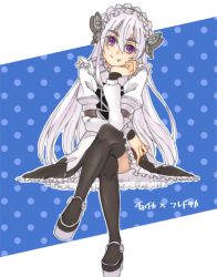 Rule 34 | 1girl, black footwear, black skirt, blue background, boots, chaika trabant, closed mouth, crossed legs, fang, floating hair, frilled skirt, frills, hair between eyes, hare (haaale), head rest, head tilt, hitsugi no chaika, invisible chair, long hair, long sleeves, looking at viewer, maid headdress, miniskirt, polka dot, polka dot background, purple eyes, silver hair, sitting, sketch, skirt, smile, solo, thigh boots, thighhighs, two-tone background, very long hair, white background