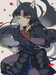 Rule 34 | 1girl, 3pel1, absurdres, animal ears, arknights, beads, black hair, black kimono, dog ears, facial mark, fingerless gloves, forehead mark, gloves, grey background, hand up, highres, holding, holding weapon, japanese clothes, kimono, knee pads, leaf, long hair, looking at viewer, one eye closed, pants, polearm, prayer beads, purple pants, saga (arknights), simple background, solo, very long hair, weapon, yellow eyes