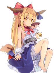Rule 34 | 1girl, bare arms, bare legs, barefoot, belt, blonde hair, bloomers, blue skirt, blunt bangs, bow, breasts, chain, cup, hair bow, highres, horns, ibuki suika, kedama milk, long hair, looking at viewer, low-tied long hair, miniskirt, no bra, pointy ears, red bow, sakazuki, shirt, sideboob, simple background, sitting, skirt, sleeveless, sleeveless shirt, small breasts, solo, touhou, underwear, very long hair, white background, white shirt, wrist cuffs, yellow eyes