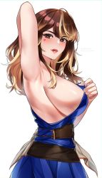Rule 34 | 1girl, ahoge, arm up, armpit focus, armpits, blue dress, breasts, brown eyes, dress, final fantasy, final fantasy xiv, from side, highres, large breasts, long hair, melusmelon, multicolored hair, sideboob, streaked hair, warrior of light (ff14)