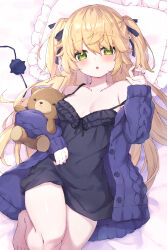 Rule 34 | 1girl, absurdres, bare legs, bare shoulders, barefoot, black nightgown, blonde hair, blue flower, blue rose, blush, breasts, commentary request, eyepatch, fischl (genshin impact), flower, frilled pillow, frills, genshin impact, green eyes, highres, jacket, long hair, long sleeves, looking at viewer, masaki (msk064), nightgown, on bed, open clothes, open jacket, open mouth, pillow, puffy long sleeves, puffy sleeves, purple jacket, rose, sleeves past wrists, small breasts, solo, strap slip, stuffed animal, stuffed toy, teddy bear, two side up, very long hair