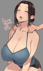 Rule 34 | 1girl, 2020, agawa ryou, artist name, bare shoulders, breasts, breath, brown hair, cleavage, closed eyes, collarbone, commentary, dated, disembodied hand, grey background, huge breasts, long hair, massage, no bra, original, parted lips, relaxing, short shorts, shorts, sideboob, signature, simple background, skirt, solo, thighs