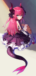 Rule 34 | 1girl, absurdres, black ribbon, black skirt, blue eyes, blush, boots, closed mouth, commentary request, crossed bangs, crying, crying with eyes open, curled horns, detached sleeves, dragon girl, dragon horns, dragon tail, elizabeth bathory (fate), elizabeth bathory (fate/extra ccc), elizabeth bathory (first ascension) (fate), fate/extra, fate/extra ccc, fate (series), frilled skirt, frills, from behind, full body, hair between eyes, hair ribbon, hieung, highres, horns, knees up, layered skirt, long hair, looking at viewer, looking back, pink hair, pointy ears, ribbon, sitting, skirt, solo, tail, tears, white footwear, wrist cuffs