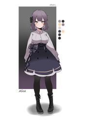 Rule 34 | 1girl, boots, border, breasts, character name, collared shirt, color guide, expressionless, gradient border, highres, large breasts, long sleeves, looking at viewer, original, outside border, pantyhose, retri, shadow, shirt, short hair, simple background, solo, twitter username, white background, wing collar