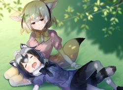 Rule 34 | 10s, 2girls, animal ears, blush, bow, bowtie, common raccoon (kemono friends), day, drooling, closed eyes, fennec (kemono friends), fox ears, fox tail, grass, half-closed eyes, hand on another&#039;s head, kemono friends, kusada souta, lap pillow, leaf, light smile, lying, multiple girls, on back, open mouth, outdoors, pantyhose, headpat, raccoon ears, raccoon tail, seiza, sitting, sleeping, tail, tree shade