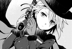 Rule 34 | 1girl, ange (princess principal), bad id, bad pixiv id, braid, cape, expressionless, eyes visible through hair, gloves, greyscale, gun, hair over one eye, hat, holding, holding gun, holding weapon, monochrome, niina ryou, princess principal, solo, tears, top hat, weapon