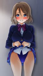 Rule 34 | 10s, 1girl, absurdres, blazer, blue eyes, blue one-piece swimsuit, blush, bow, bowtie, commentary request, competition swimsuit, cowboy shot, grey hair, grin, highleg, highleg swimsuit, highres, jacket, kokota, long sleeves, looking at viewer, love live!, love live! school idol project, love live! sunshine!!, one-piece swimsuit, otonokizaka school uniform, plaid, plaid skirt, pleated skirt, red bow, red bowtie, school uniform, short hair, skirt, smile, solo, standing, striped bow, striped bowtie, striped clothes, striped neckwear, swimsuit, swimsuit under clothes, watanabe you
