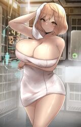 Rule 34 | 1girl, anis (nikke), arm under breasts, blush, breasts, brown eyes, brown hair, cleavage, closed mouth, drying, drying hair, goddess of victory: nikke, highres, large breasts, naked towel, nemo (aeon2801), short hair, smile, solo, towel, wet