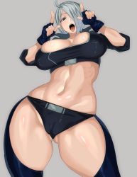Rule 34 | 1girl, :p, abs, angel (kof), blue eyes, breasts, bursting breasts, cameltoe, chaps, cleft of venus, female focus, highres, large breasts, midriff, navel, open mouth, short hair, silver hair, simple background, snk, solo, the king of fighters, tongue, tongue out