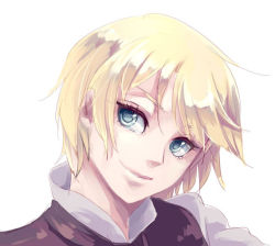 Rule 34 | 1boy, alois trancy, androgynous, blonde hair, blue eyes, kuroshitsuji, looking at viewer, male focus, short hair, simple background, smile, solo, trap, upper body, white background