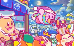 Rule 34 | 3boys, backwards hat, beamed quavers, beanie, bird, blush stickers, bow, bowl, bowtie, chef kawasaki, chopsticks, commentary request, eating, food, green hat, hat, headphones, jitome, king dedede, kirby, kirby (series), male focus, meta knight, mittens, moon, mountain, multiple boys, musical note, new year, night, nintendo, noodles, official art, red neckwear, running, scarf, sleeping, sleeping bag, snow, tempura, waddle dee