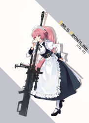 Rule 34 | 1girl, absurdres, anti-materiel rifle, apron, black dress, black footwear, black ribbon, blunt bangs, breasts, character name, copyright name, cup, dress, drinking, frills, girls&#039; frontline, gun, hair ribbon, hand on own hip, highres, holding, holding cup, juliet sleeves, long hair, long sleeves, lyps, maid, maid headdress, medium breasts, ntw-20, ntw-20 (girls&#039; frontline), ntw-20 (the aristocrat experience) (girls&#039; frontline), official alternate costume, pantyhose, pink eyes, pink hair, ponytail, puffy sleeves, ribbon, rifle, sniper rifle, solo, very long hair, weapon, white pantyhose