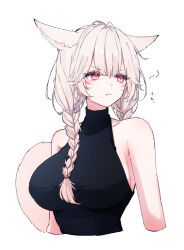 Rule 34 | 1girl, animal ears, braid, breasts, brown hair, cat ears, cat tail, cropped torso, facial mark, final fantasy, final fantasy xiv, halterneck, highres, large breasts, long hair, looking to the side, miqo&#039;te, red eyes, sana (sanamaru 0w0), sleeveless, slit pupils, solo, tail, twin braids, upper body, whisker markings, white background