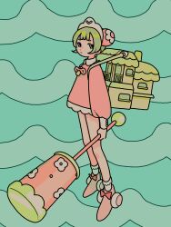 Rule 34 | 1girl, :&lt;, absurdres, bare legs, blue eyes, commentary, doll house, green background, green hair, highres, holding, holding weapon, house, original, pacifier, pink footwear, pink shirt, roller shoes, shirt, shoes, short hair, shuujuu misobata, simple background, socks, solo, symbol-only commentary, weapon, white headwear, white socks