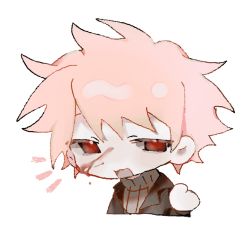 Rule 34 | 1boy, atou haruki, black jacket, blood, blood on face, brown sweater, chibi, hand up, highres, jacket, long sleeves, male focus, notice lines, open clothes, open jacket, open mouth, pbjituiren, pink hair, red eyes, ribbed sweater, saibou shinkyoku, short hair, simple background, smile, solo, spoilers, suit jacket, sweater, turtleneck, turtleneck sweater, white background