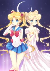 Rule 34 | 1990s (style), 2girls, bad id, bad pixiv id, bare shoulders, bishoujo senshi sailor moon, bishoujo senshi sailor moon (first season), blonde hair, blue eyes, blue sailor collar, blue skirt, boots, bow, brooch, choker, crescent, crescent facial mark, crescent moon, double bun, dress, dual persona, elbow gloves, facial mark, forehead mark, gloves, gown, hair bun, hair ornament, hairpin, jewelry, long dress, long hair, magical girl, moon, moorina, multiple girls, navel, night, night sky, own hands clasped, own hands together, parted bangs, pleated skirt, princess, princess serenity, retro artstyle, ribbon, sailor collar, sailor moon, skirt, sky, star (sky), strapless, strapless dress, tiara, tsukino usagi, twintails, white gloves