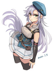 Rule 34 | 1girl, arm warmers, belt, belt pouch, beret, black thighhighs, blue hat, breasts, brown belt, closed mouth, collared shirt, commentary, cowboy shot, cropped legs, dated, eiyuu densetsu, falcom, feng you, fie claussell, floating hair, green eyes, grey shirt, hat, kuro no kiseki, long hair, looking at viewer, medium breasts, miniskirt, parted bangs, pleated skirt, pouch, shirt, silver hair, simple background, skirt, sleeveless, sleeveless shirt, solo, thighhighs, underbust, v-shaped eyebrows, white background, white skirt, wing collar