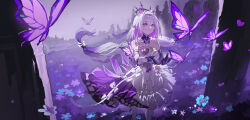 1girl absurdres bare_shoulders breasts bug butterfly castorice_(honkai:_star_rail) chinese_commentary commentary_request dress flower forest hair_flower hair_ornament highres honkai:_star_rail honkai_(series) insect lettereast long_hair medium_breasts nature pantyhose parted_lips pointy_ears purple_butterfly purple_eyes purple_hair purple_hands purple_sky sky tiara tree white_dress white_pantyhose