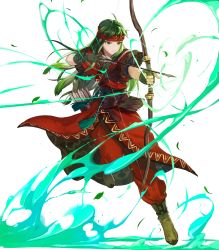 Rule 34 | 1girl, armor, arrow (projectile), belt, boots, bow (weapon), brown footwear, fingerless gloves, fire emblem, fire emblem: the binding blade, fire emblem heroes, full body, gloves, green eyes, green hair, headband, highres, holding, holding bow (weapon), holding weapon, leaf, leg up, long hair, mayo (becky2006), nintendo, official art, pants, quiver, short sleeves, shoulder armor, solo, sue (fire emblem), transparent background, weapon