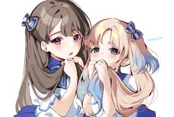 Rule 34 | 2girls, 365 days (love live!), blonde hair, blue bow, blue eyes, blue hair, blue skirt, blush, bow, brown hair, covering own mouth, dkou, frilled sleeves, frills, fujishima megumi, gradient hair, hair bow, highres, holding, holding own hair, light blue hair, link! like! love live!, long hair, looking at viewer, love live!, multicolored hair, multiple girls, open mouth, osawa rurino, parted bangs, pleated skirt, puffy short sleeves, puffy sleeves, purple eyes, shirt, short sleeves, simple background, skirt, striped bow, twintails, two side up, upper body, virtual youtuber, white background, white bow, white shirt