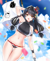 Rule 34 | 1girl, :d, alternate breast size, alternate hair color, arm up, armband, armpits, bare shoulders, bikini, black bikini, black hair, black hat, blurry, breasts, cloud, collar, confetti, cowboy shot, depth of field, earrings, elsword, eve (elsword), facial mark, flag, gluteal fold, groin, halterneck, hat, highres, holding, jewelry, large breasts, long hair, looking at viewer, lowleg, lowleg bikini, mal poi, mini hat, moby (elsword), navel, open mouth, remy (elsword), smile, solo, stomach, string bikini, swimsuit, thigh gap, thighs, top hat, yellow eyes