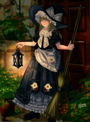 Rule 34 | 1girl, apron, black dress, black footwear, black hat, blonde hair, bow, bowtie, braid, broom, closed mouth, commentary request, cross-laced footwear, dated, door, dress, embellished costume, flower, frilled apron, frilled bowtie, frilled dress, frills, full body, hair bow, hat, hat bow, highres, holding, holding broom, holding lantern, kirisame marisa, lantern, lips, long hair, looking afar, plant, shoes, short sleeves, signature, single braid, solo, soyohito, touhou, waist apron, white apron, white bow, white bowtie, white flower, witch hat, yellow eyes