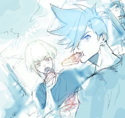 Rule 34 | 2boys, areno, blue theme, bob cut, casual, copyright name, dutch angle, eating, food, galo thymos, lio fotia, looking back, male focus, monochrome, multiple boys, pizza, promare, sketch, spiked hair