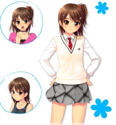 Rule 34 | 1girl, bishoujo (game), brown hair, female focus, nonohara miki, school uniform, short hair, skirt, solo, swimsuit, tanuki-soft, watase tamaki, white background