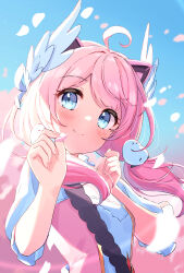 Rule 34 | 1girl, ahoge, animal ears, blue eyes, blue sky, blush, breasts, cat ears, cherry blossoms, closed mouth, day, eyelashes, fake animal ears, falling petals, frilled sleeves, frills, hair ornament, hair wings, hands up, highres, holding, holding petal, indie virtual youtuber, long hair, looking at viewer, low twintails, petals, pink hair, saboten mushi, sakurada hane, sky, small breasts, smile, solo, twintails, upper body, white sleeves, wing hair ornament