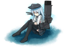 Rule 34 | 1girl, bad id, bad tumblr id, bee (deadflow), black hat, black sailor collar, black skirt, black thighhighs, blue eyes, blue hair, commentary, english commentary, hair between eyes, hat, hibiki (kancolle), kantai collection, long hair, long sleeves, machinery, neckerchief, no shoes, parted lips, pleated skirt, red neckerchief, sailor collar, school uniform, serafuku, shirt, skirt, solo, thighhighs, white shirt