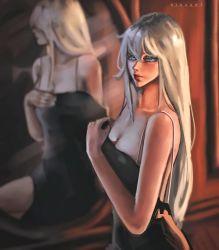 Rule 34 | 1girl, artist name, black dress, blue eyes, blurry, blurry background, breasts, cleavage, closed mouth, colored eyelashes, commentary, dress, english commentary, genderswap, genderswap (mtf), gojou satoru, hair between eyes, highres, jujutsu kaisen, long hair, looking at viewer, looking to the side, mirror, riaxart, silver hair, solo