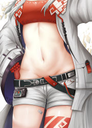 Rule 34 | 1girl, absurdres, arknights, bead bracelet, beads, belt, bracelet, charm (object), clothes pull, coat, groin, hand on own hip, head out of frame, highres, jewelry, leg tattoo, name tag, namikare, navel focus, nian (arknights), shorts, shorts pull, strapless, tattoo, tube top, white coat, white shorts
