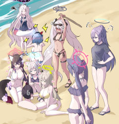 Rule 34 | 1boy, 6+girls, absurdly long hair, ahoge, ako (blue archive), alternate costume, alternate hairstyle, anger vein, animal ear fluff, animal ears, armpits, arms behind back, arms up, bare shoulders, beach, belt, bikini, black bikini, black hair, black hairband, black shirt, blue archive, blue eyes, blue hair, blush, blush stickers, breasts, buried, cat ears, cleavage, closed mouth, collarbone, commentary request, competition swimsuit, dark skin, demon horns, demon wings, eyewear on head, flip-flops, flower, fox ears, fox tail, from above, from behind, full body, green eyes, grey background, grey hair, hair between eyes, hair ornament, hairband, hairclip, halo, heart, highres, hina (blue archive), hina (swimsuit) (blue archive), holding, holding sword, holding weapon, horns, iori (blue archive), iori (swimsuit) (blue archive), large breasts, long hair, looking at another, mismatched pupils, multi-strapped bikini bottom, multiple girls, navel, nonomi (blue archive), nonomi (swimsuit) (blue archive), ocean, one-piece swimsuit, ponytail, purple eyes, purple hair, red eyes, sandals, school swimsuit, sensei (blue archive), serika (blue archive), serika (swimsuit) (blue archive), shiroko (blue archive), shiroko (swimsuit) (blue archive), shirt, short sleeves, side-tie bikini bottom, sidelocks, sitting, smile, spaghetti strap, squatting, squiggle, standing, stomach, sunglasses, sweatdrop, swimsuit, sword, tail, thighlet, tonomiya68, trapped, twintails, two side up, very long hair, wakamo (blue archive), wakamo (swimsuit) (blue archive), walking, wariza, weapon, white bikini, wings, wooden sword, yellow bikini, yellow eyes, yuuka (blue archive)