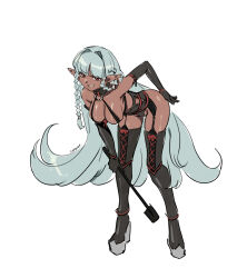 Rule 34 | bent over, black choker, boots, breasts, choker, clip studio paint (medium), commission, cross-laced footwear, dark-skinned female, dark skin, dominatrix, elbow gloves, elf, eudetenis, full body, garter straps, gloves, grey hair, grin, hair intakes, highres, holding, holding riding crop, long hair, looking at viewer, medium breasts, o-ring, o-ring choker, platform boots, platform footwear, pointy ears, riding crop, rosalinde (unicorn overlord), shiny skin, smile, solo, unicorn overlord, very long hair