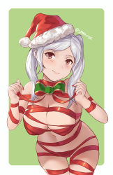 Rule 34 | 1girl, blush, bow, breasts, brown eyes, christmas, cleavage, fire emblem, fire emblem awakening, gift, gluteal fold, hat, highres, large breasts, looking at viewer, navel, nintendo, ribbon, robin (female) (fire emblem), robin (fire emblem), santa hat, smile, solo, spiffydc, thighs, twintails, white hair
