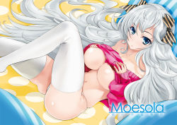 Rule 34 | 1girl, bare shoulders, blue eyes, breasts, clothes lift, derivative work, grey hair, large breasts, long hair, looking at viewer, navel, original, ribbon, solo, sweater, sweater lift, thighhighs, thong, tonycs007, underboob, very long hair, white thighhighs