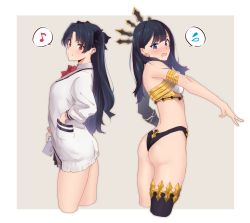 Rule 34 | 2girls, armlet, ass, bare shoulders, bikini, black bikini, black bow, black hair, black legwear, blue eyes, blush, bow, bowtie, cardigan, cellphone, cosplay, costume switch, cropped legs, detached sleeves, earrings, fate/grand order, fate (series), gridman universe, hair bow, hand in pocket, highres, holding, holding phone, hoop earrings, ishtar (fate), ishtar (fate) (cosplay), jewelry, kagto (alterna), long hair, long sleeves, mismatched bikini, multiple girls, musical note, open mouth, parted bangs, phone, red bow, red eyes, red neckwear, single detached sleeve, single thighhigh, speech bubble, spoken musical note, spoken sweatdrop, ssss.gridman, sweatdrop, swimsuit, takarada rikka, takarada rikka (cosplay), thighhighs, thighlet, thighs, two side up, very long hair, white bikini, white cardigan