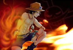 Rule 34 | 1boy, belt, fighting stance, fire, hat, jewelry, male focus, necklace, one piece, portgas d. ace, topless male, shorts, smiley, solo, squatting, stampede string